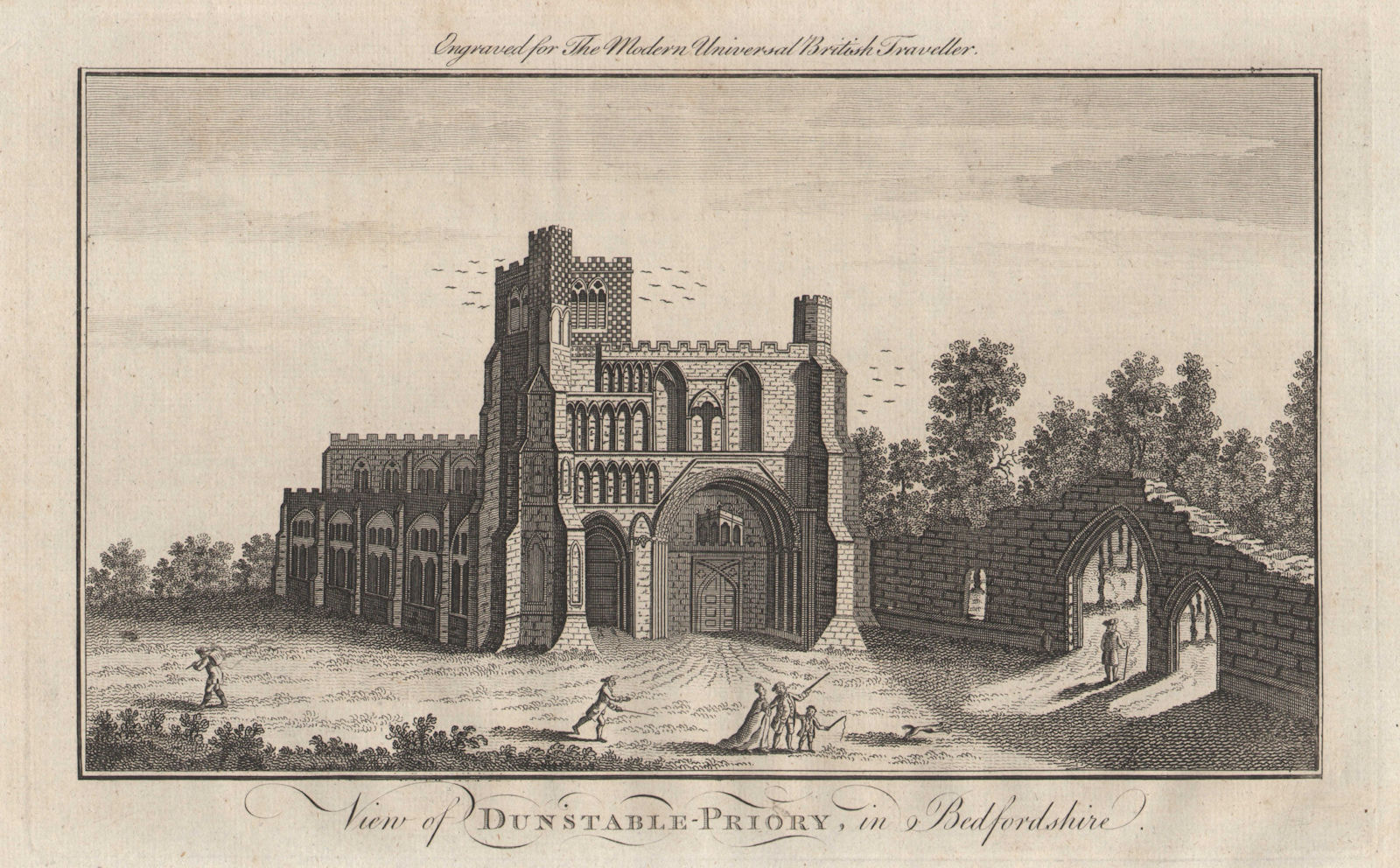 View of Dunstable Priory, in Bedfordshire. BURLINGTON 1779 old antique print