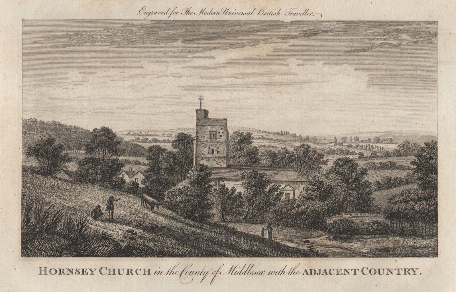 View of St. Mary's church Tower, Hornsey, London. BURLINGTON 1779 old print