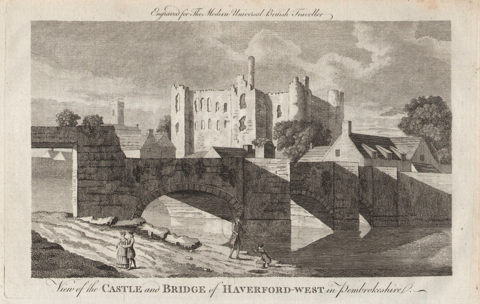 Castle and bridge of Haverfordwest, Pembrokeshire. LLEWELLYN REES 1779 print