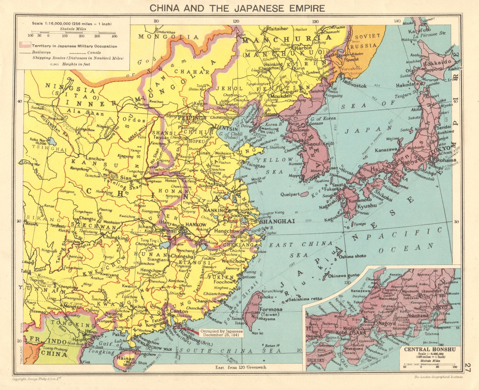 WORLD WAR 2 Japanese occupied China, Korea, Taiwan, Hong Kong 1943 old map