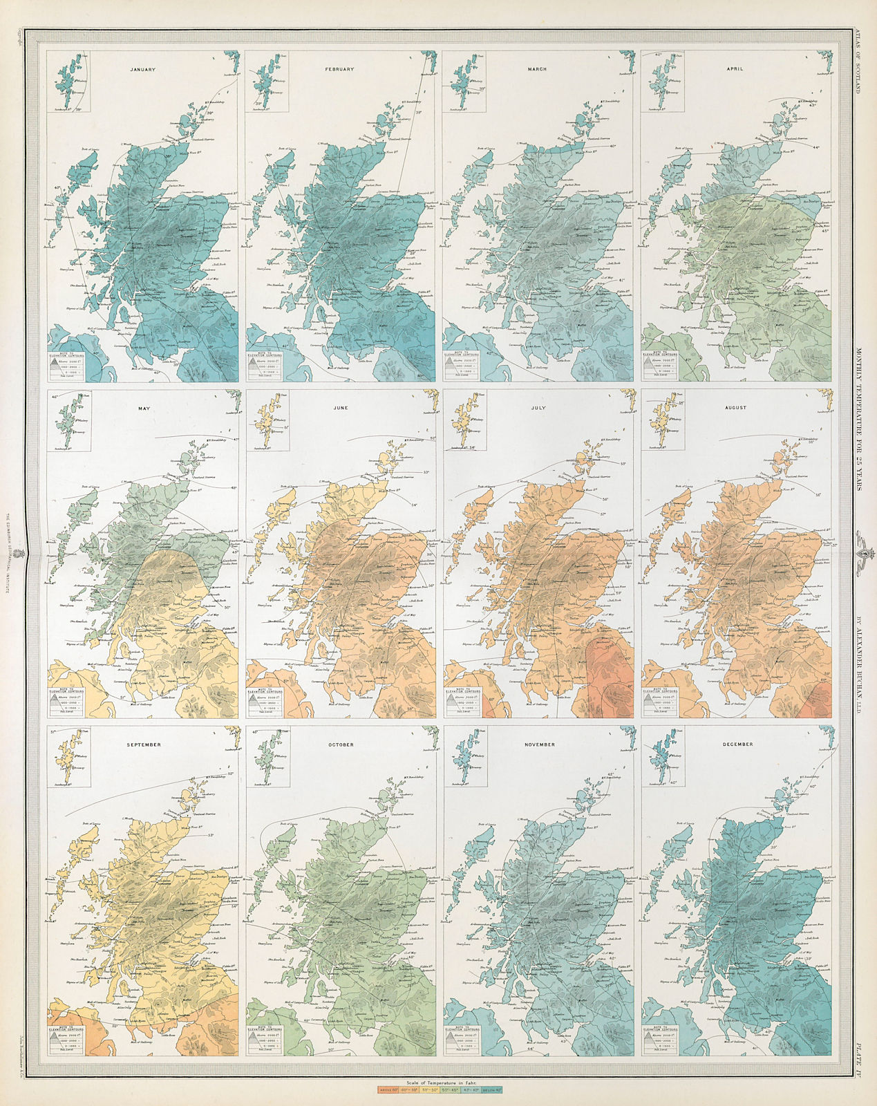 SCOTLAND average monthly temperature for 25 years by Alexander Buchan 1895 map