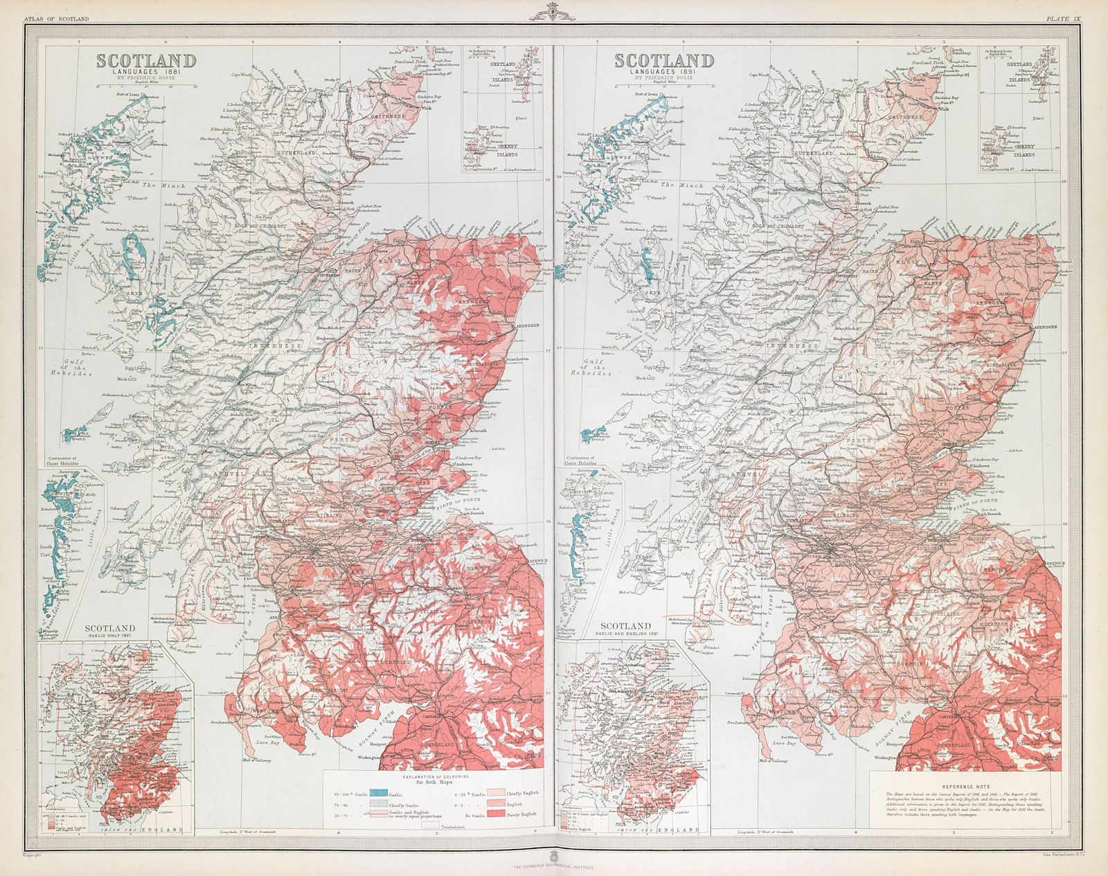 SCOTLAND Languages 1881 & 1891. Gaelic & English. LARGE 1895 old antique map