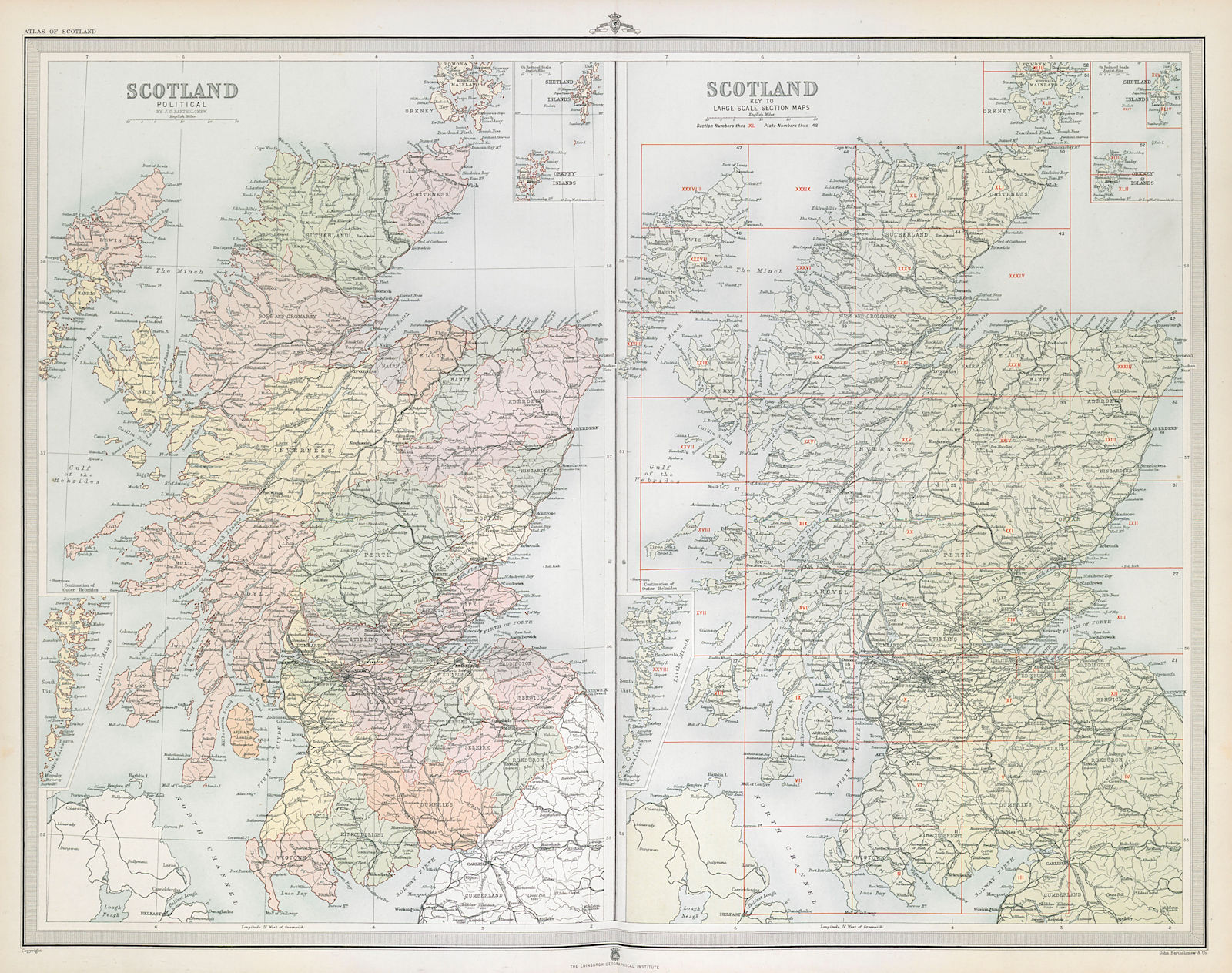 SCOTLAND Political. Counties. Key to large scale section maps. LARGE 1895