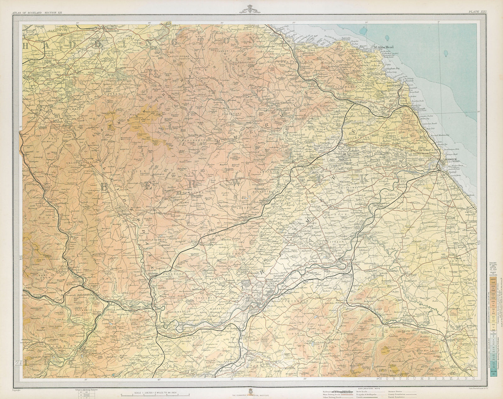 BERWICKSHIRE Lammermiur Hills Haddingtonshire Kelso Tweed Merse. LARGE 1895 map