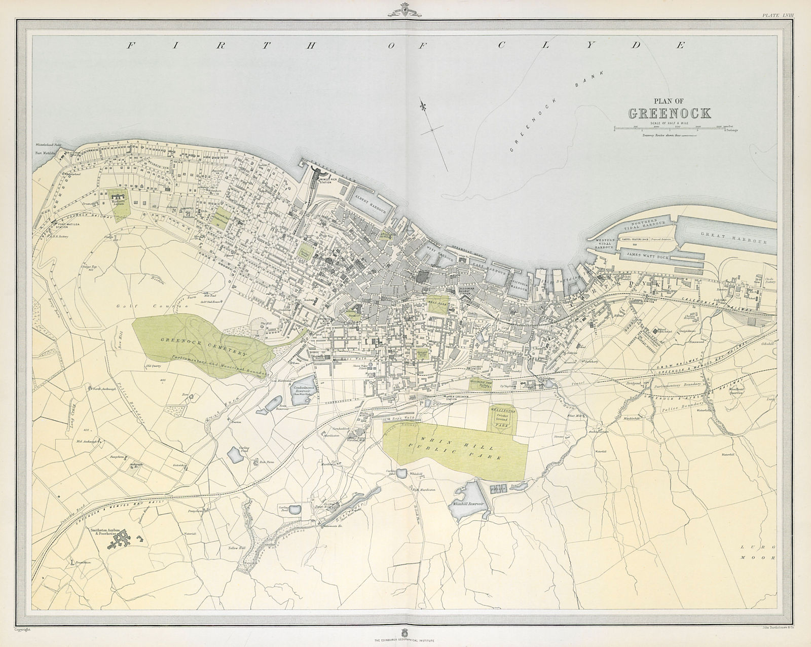Large antique GREENOCK town/city plan. 45 x 55 cm. LARGE 1895 old map