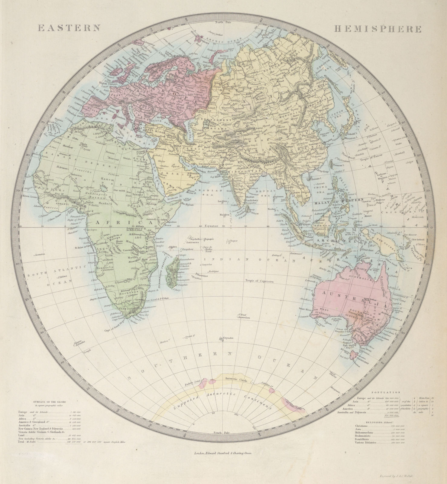 Associate Product EASTERN HEMISPHERE Europe Africa Asia Supposed Antarctic Continent SDUK 1857 map