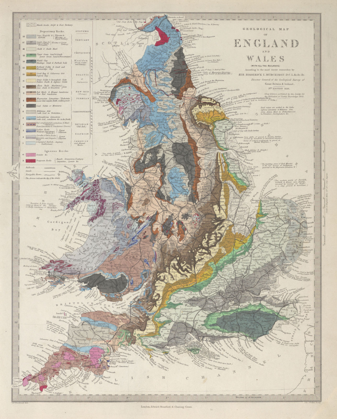 ENGLAND & WALES Geological Map. Original colour. Depositary rocks. SDUK 1857