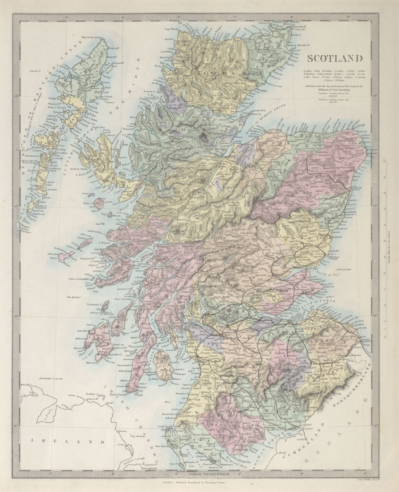 SCOTLAND. General map showing castles & kirks. Railways. SDUK 1857 old