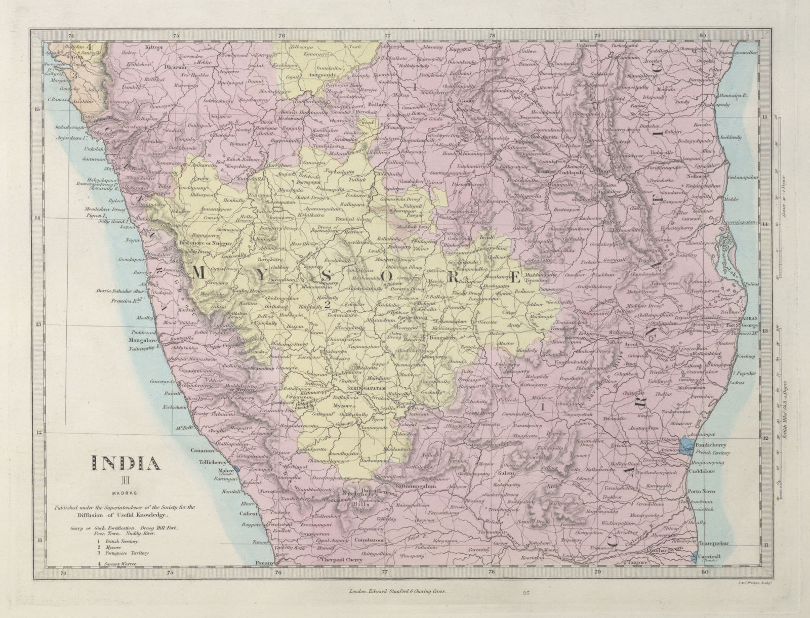BRITISH INDIA South Madras Mysore Chennai Karnataka Andhra Pradesh SDUK 1857 map