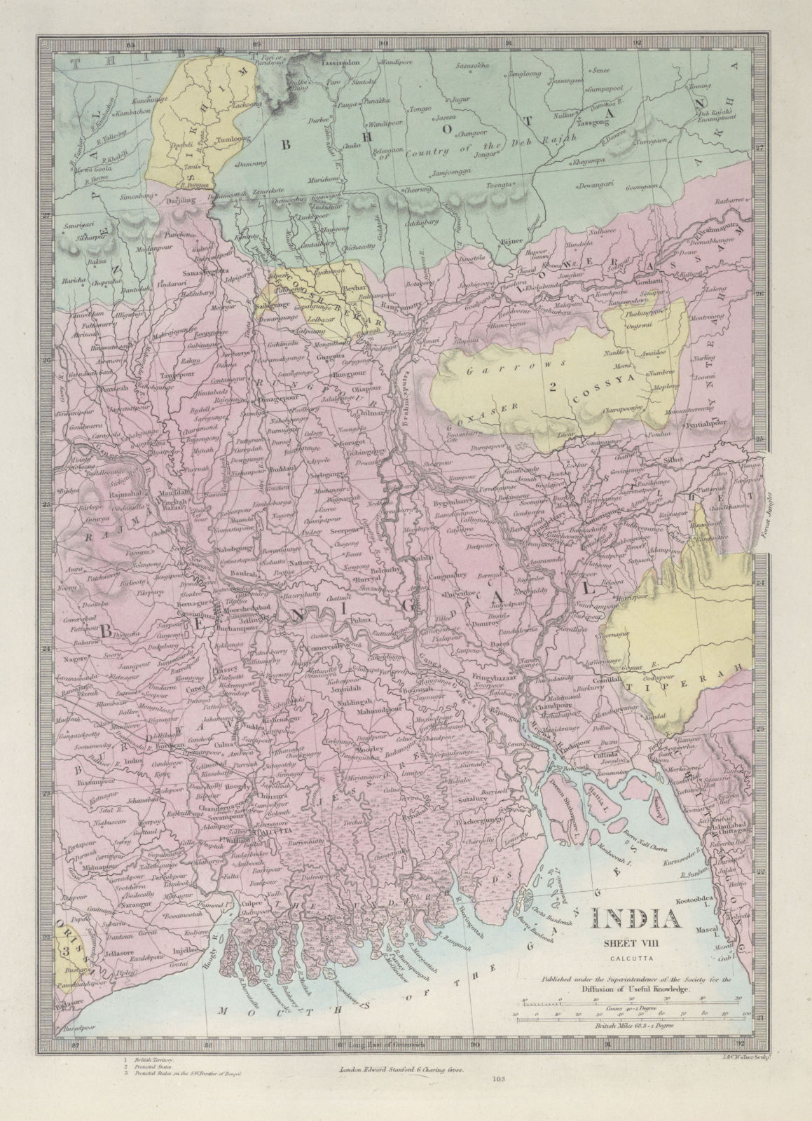 BRITISH INDIA West Bengal & Bangladesh Chittagong Sikim Bhutan. SDUK 1857 map