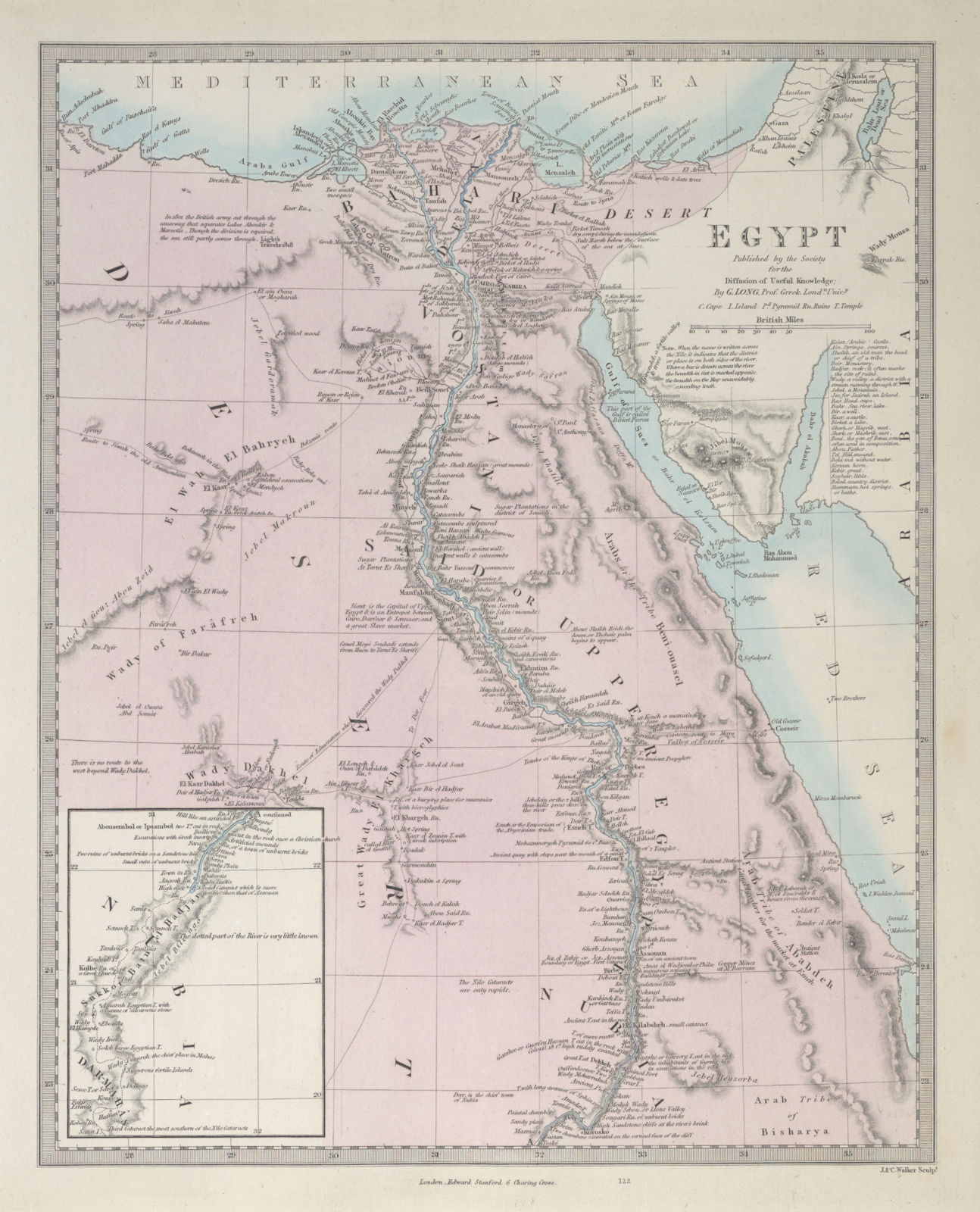 EGYPT. Nile valley. Ancient sites. Original outline colour. SDUK 1857 old map