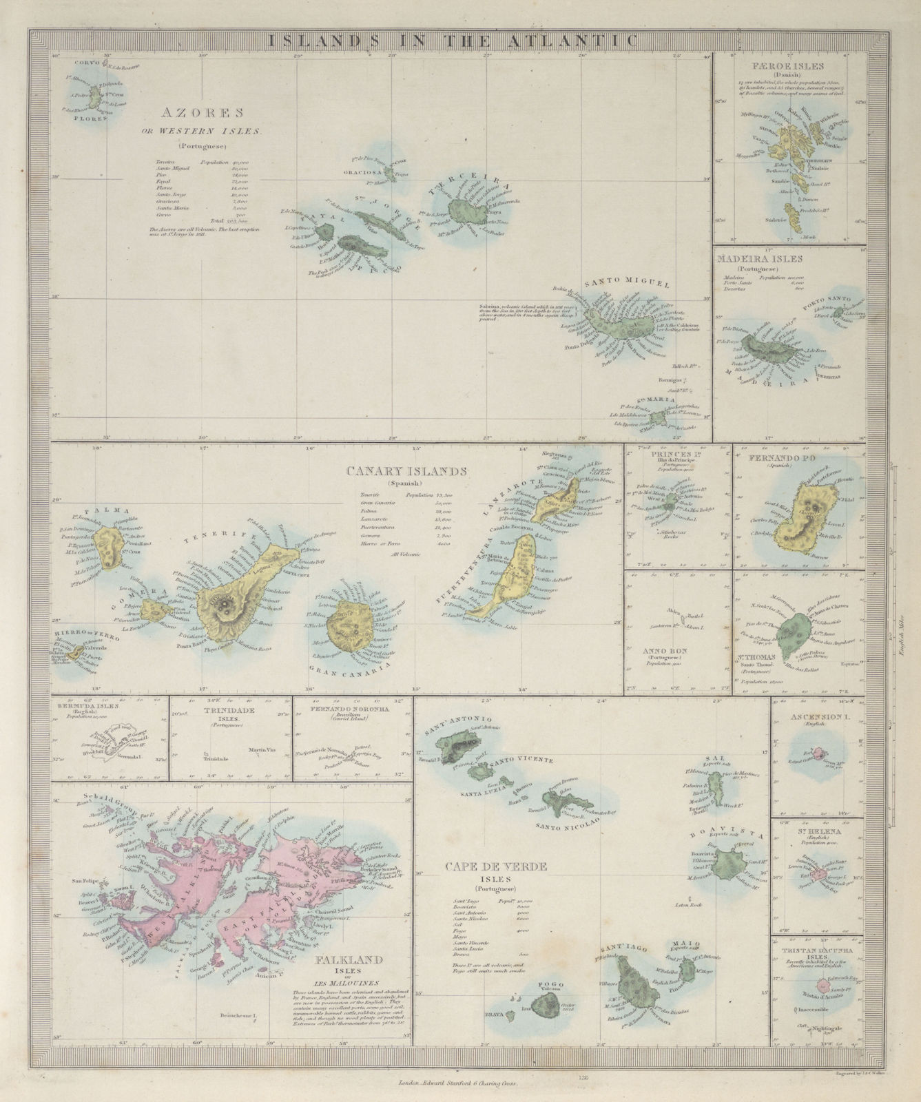 ATLANTIC ISLANDS Cape Verde Azores Faeroes Madeira Canary Falkland SDUK 1857 map