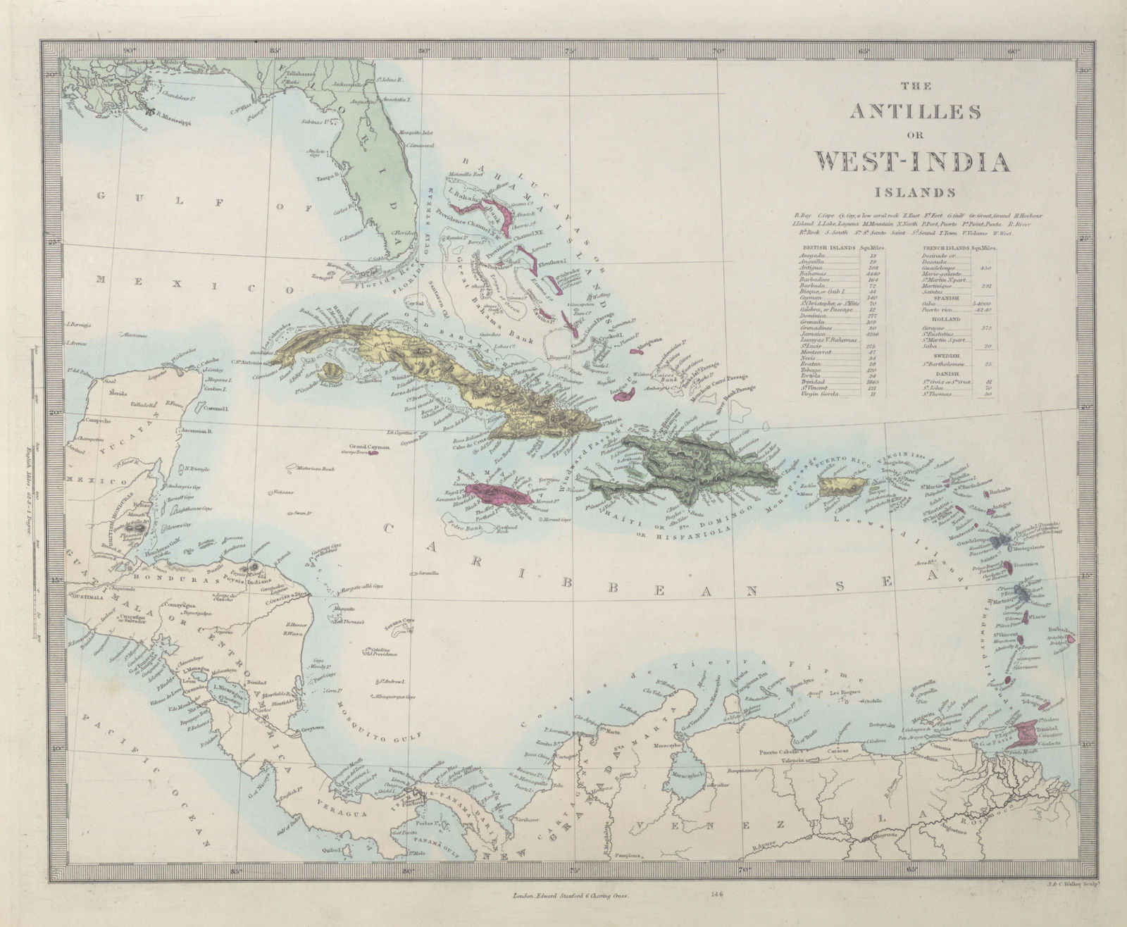 WEST INDIES Antilles Caribbean French British Swedish Danish Dutch SDUK 1857 map