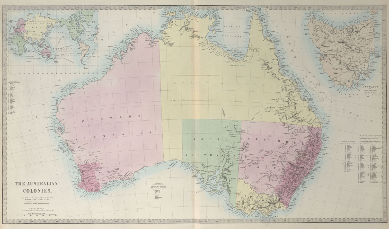 AUSTRALIAN COLONIES w/ counties. Predates Queensland (Est. 1859). SDUK 1857 map