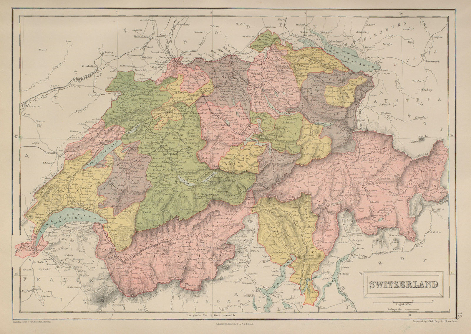 Switzerland in Cantons. BARTHOLOMEW 1870 old antique vintage map plan chart
