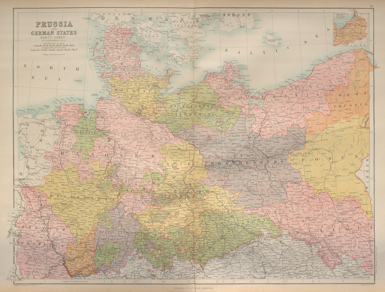 Prussia & North German states. Germany & Poland. BARTHOLOMEW 1870 old map