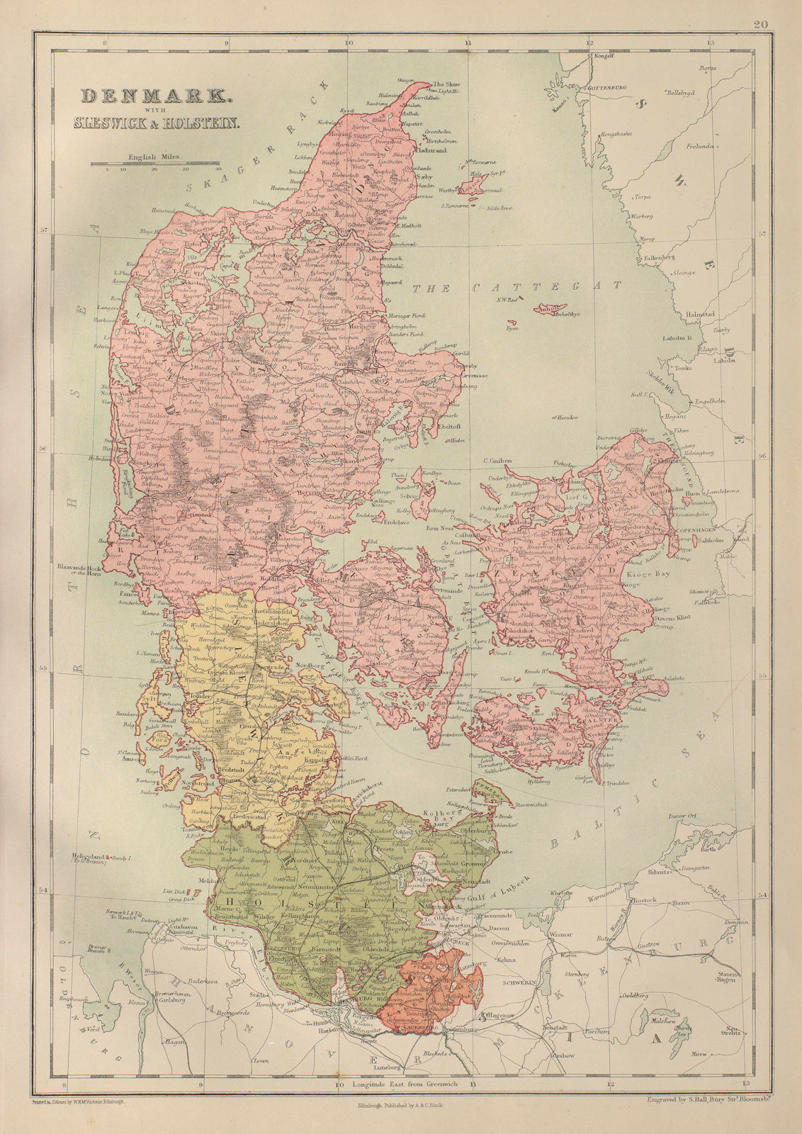 Denmark, Schleswig & Holstein. BARTHOLOMEW 1870 old antique map plan chart