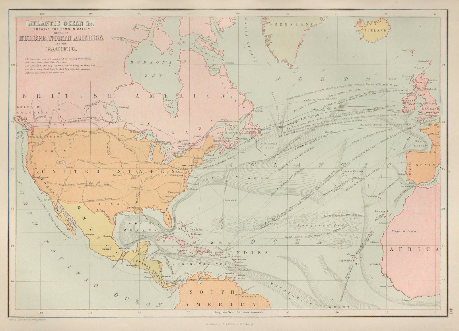 North Atlantic Ocean. Telegraph cables, Steamer routes. BARTHOLOMEW 1870 map