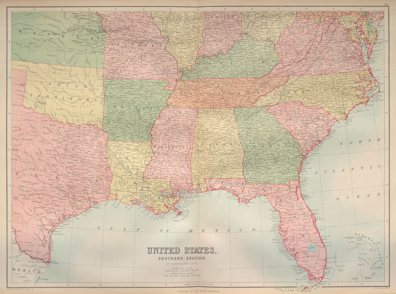 Southern United States. USA Gulf Coast. Indian Territory. BARTHOLOMEW 1870 map