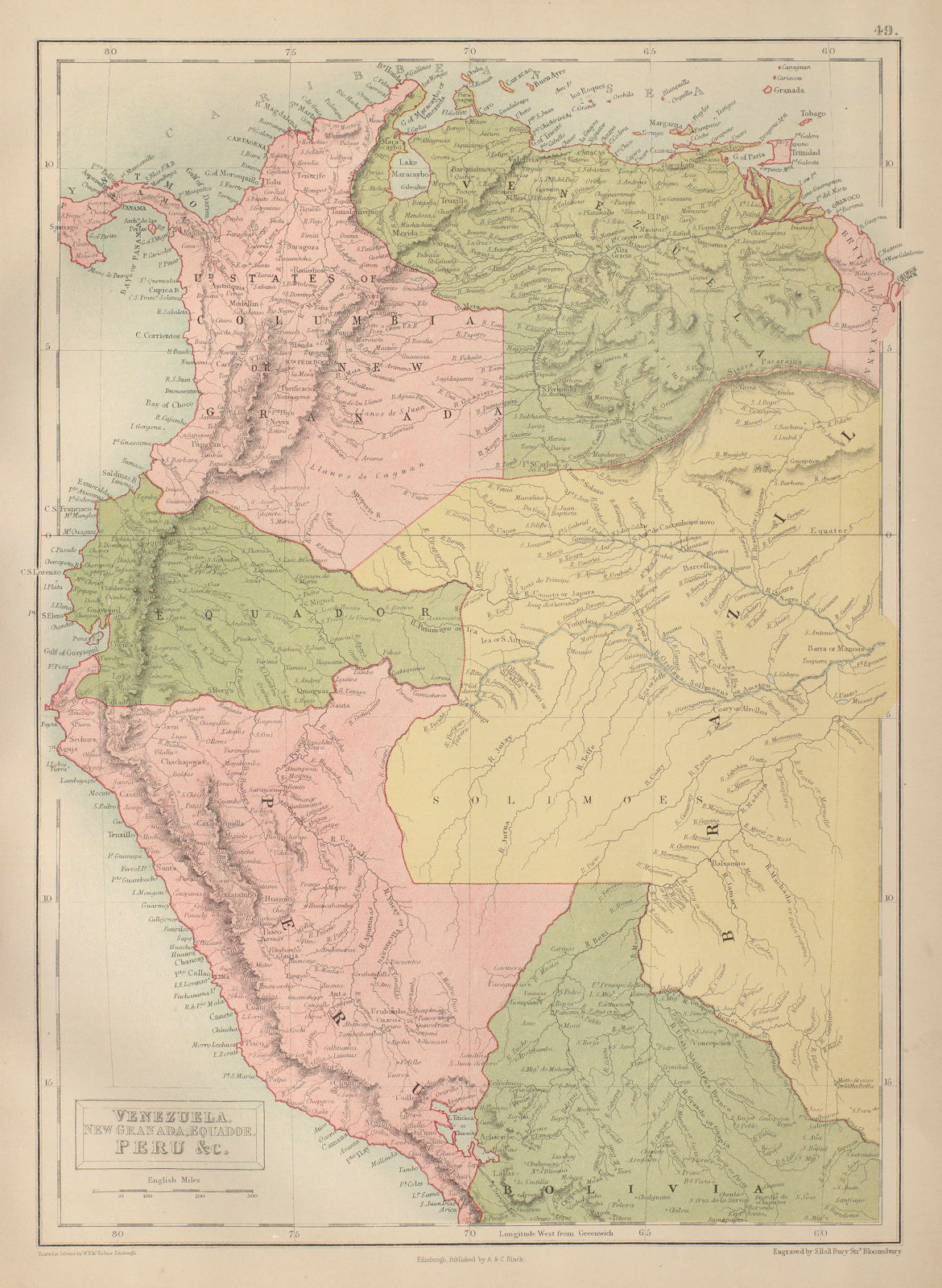 Venezuela, Colombia, Equador & Peru. Andean States Ecuador. BARTHOLOMEW 1870 map