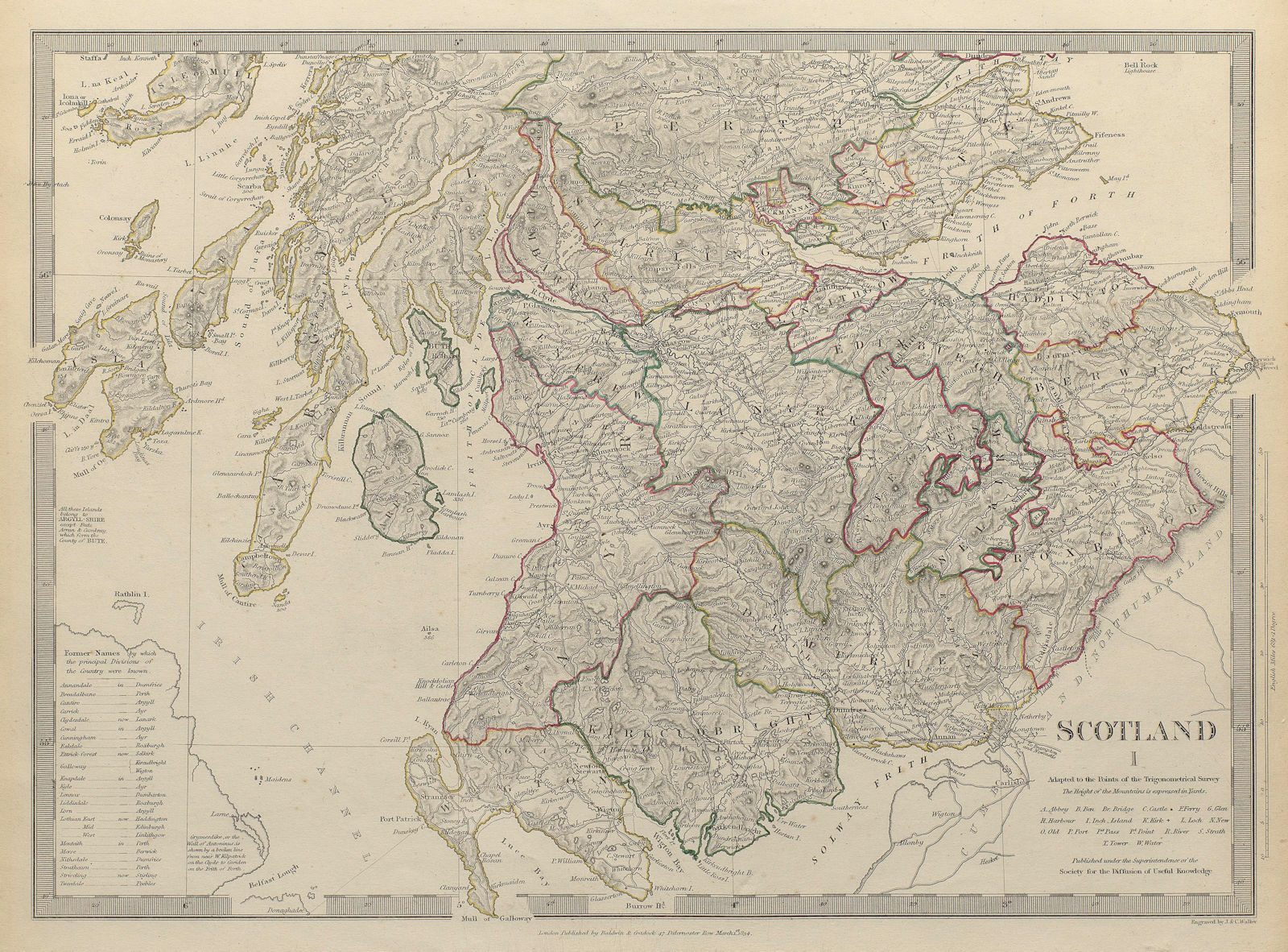 Associate Product SCOTLAND SOUTH Shows castles & kirks. Former county names inset. SDUK 1844 map