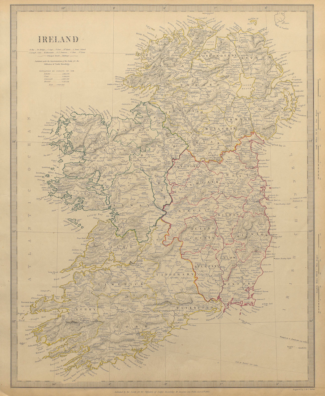 IRELAND with roads. 1st Irish railway Kingstown-Dublin-Drogheda SDUK 1844 map
