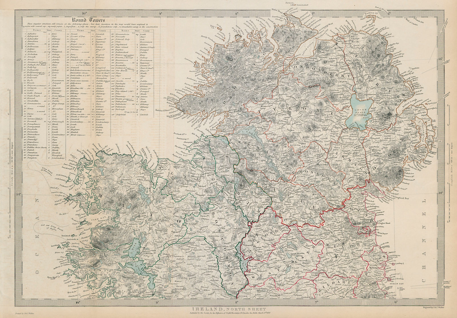 IRELAND North Sheet. Cloigtheach Cloigthithe. List of round towers SDUK 1844 map