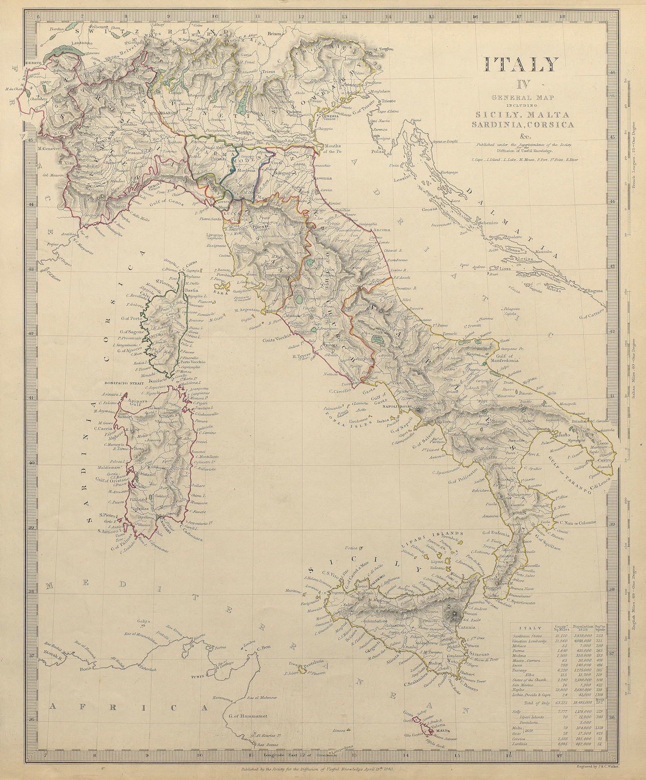 Associate Product ITALY General Map Sicily Sardinia Corsica Malta. Population table SDUK 1844