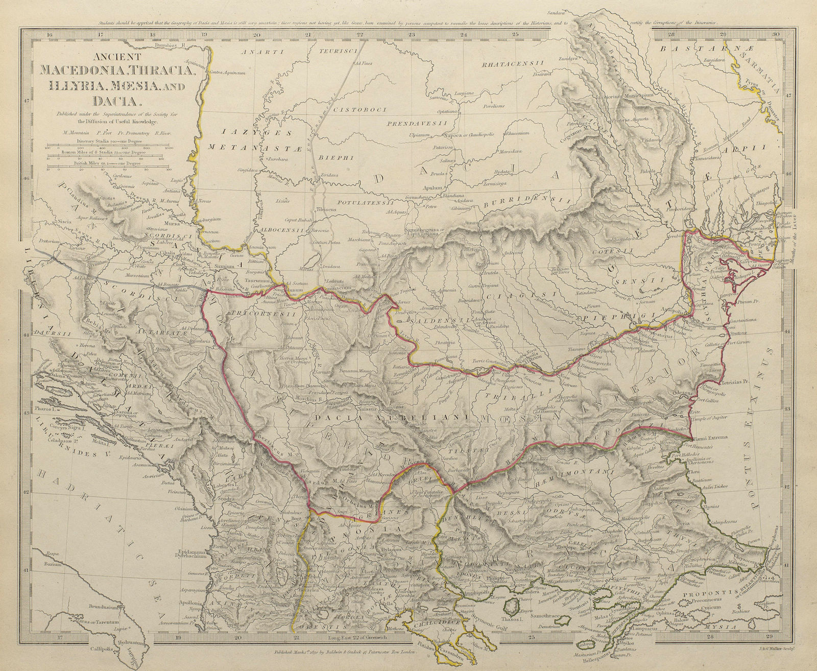 BALKANS ANCIENT Macedonia, Thracia, Dacia, Illyria & Moesia SDUK 1844 old map
