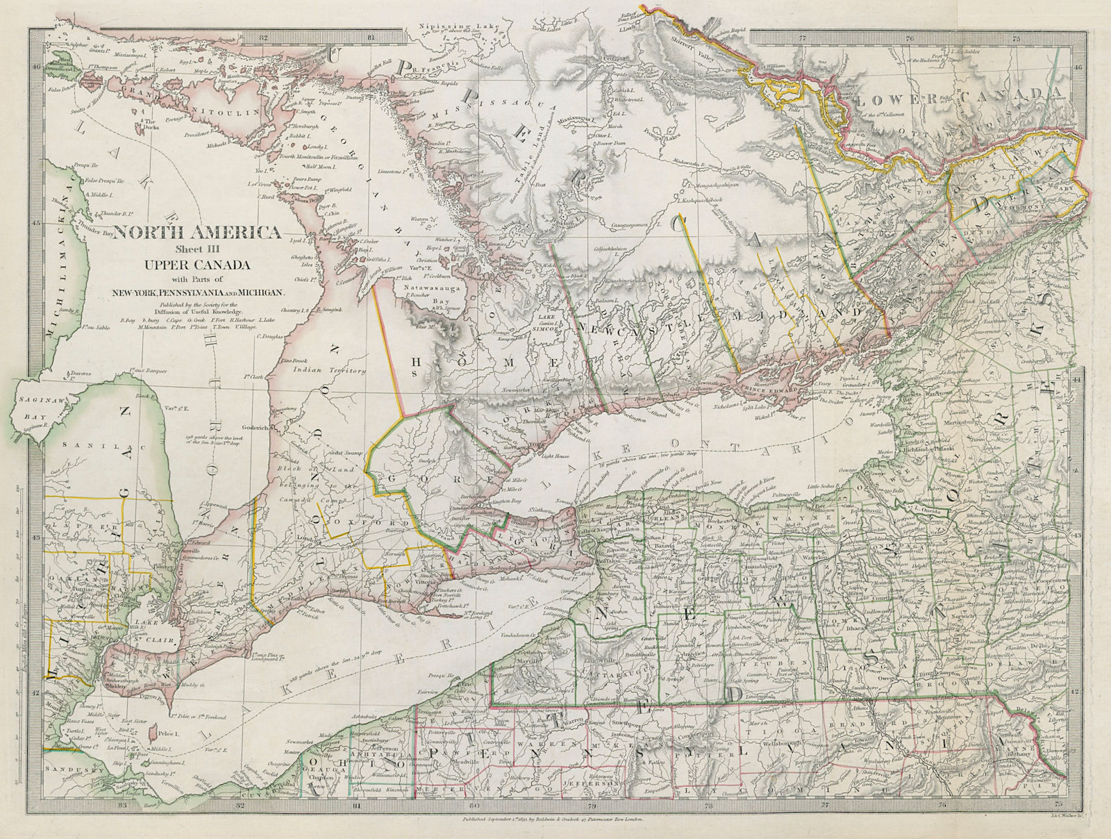 Associate Product GREAT LAKES Upper Canada <1849 districts Lake Ontario Huron Erie SDUK 1844 map