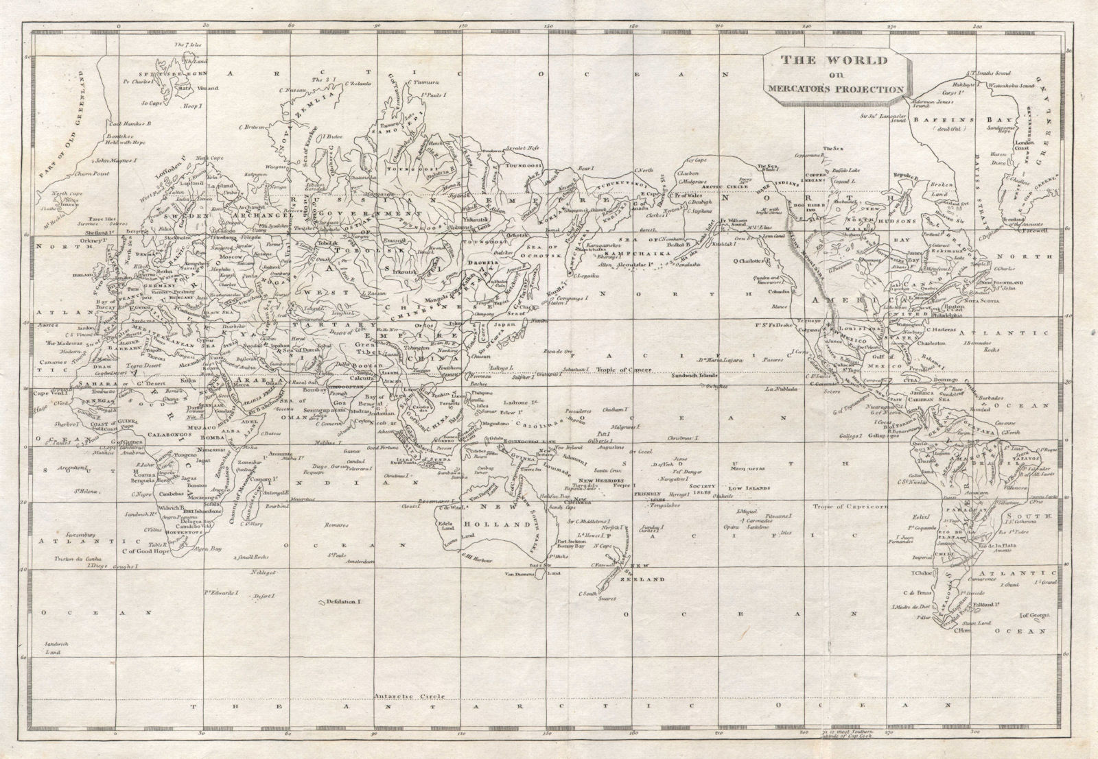 The World on Mercator's Projection by Arrowsmith & Lewis 1812 old antique map