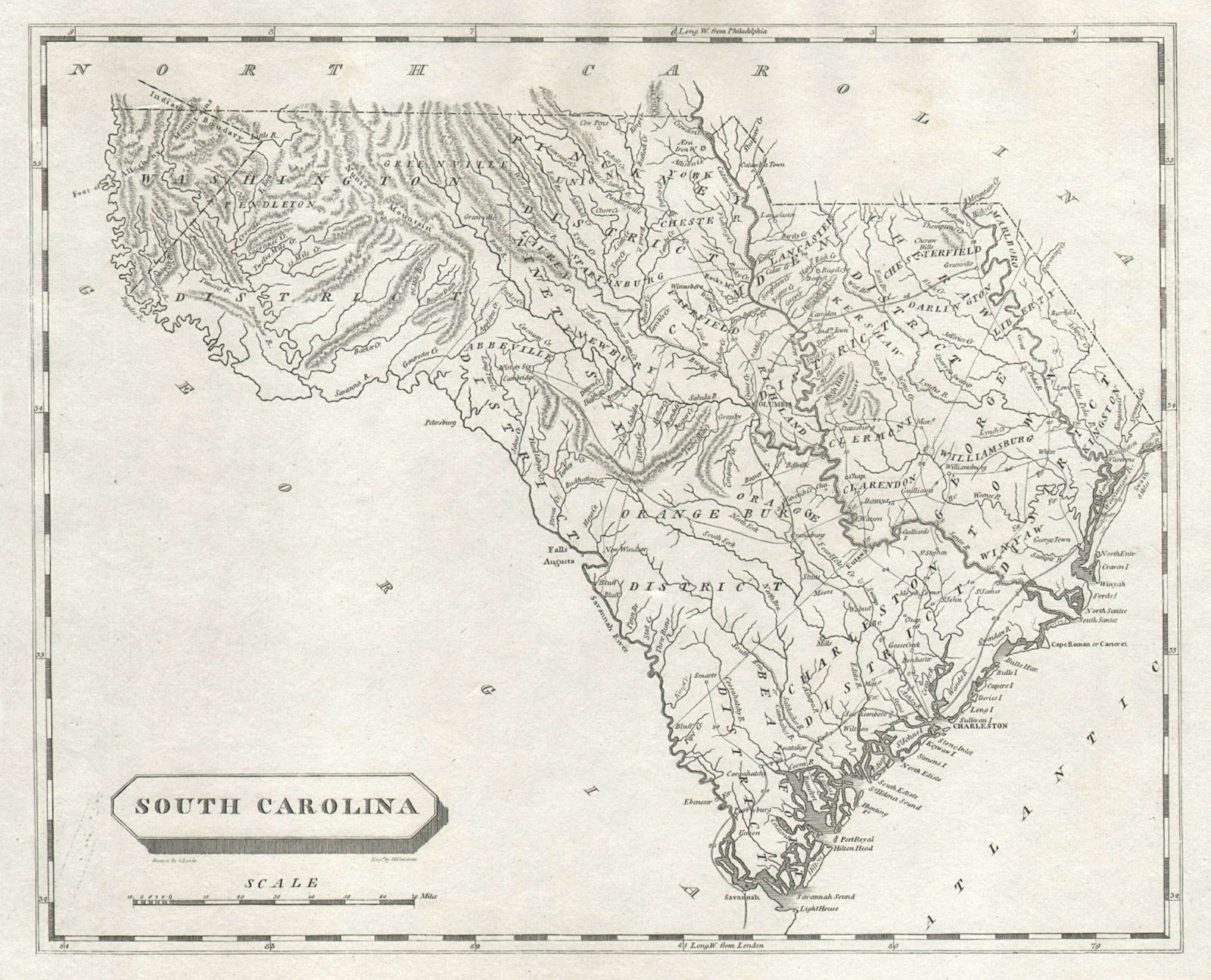 South Carolina state map by Arrowsmith & Lewis 1812 old antique plan chart