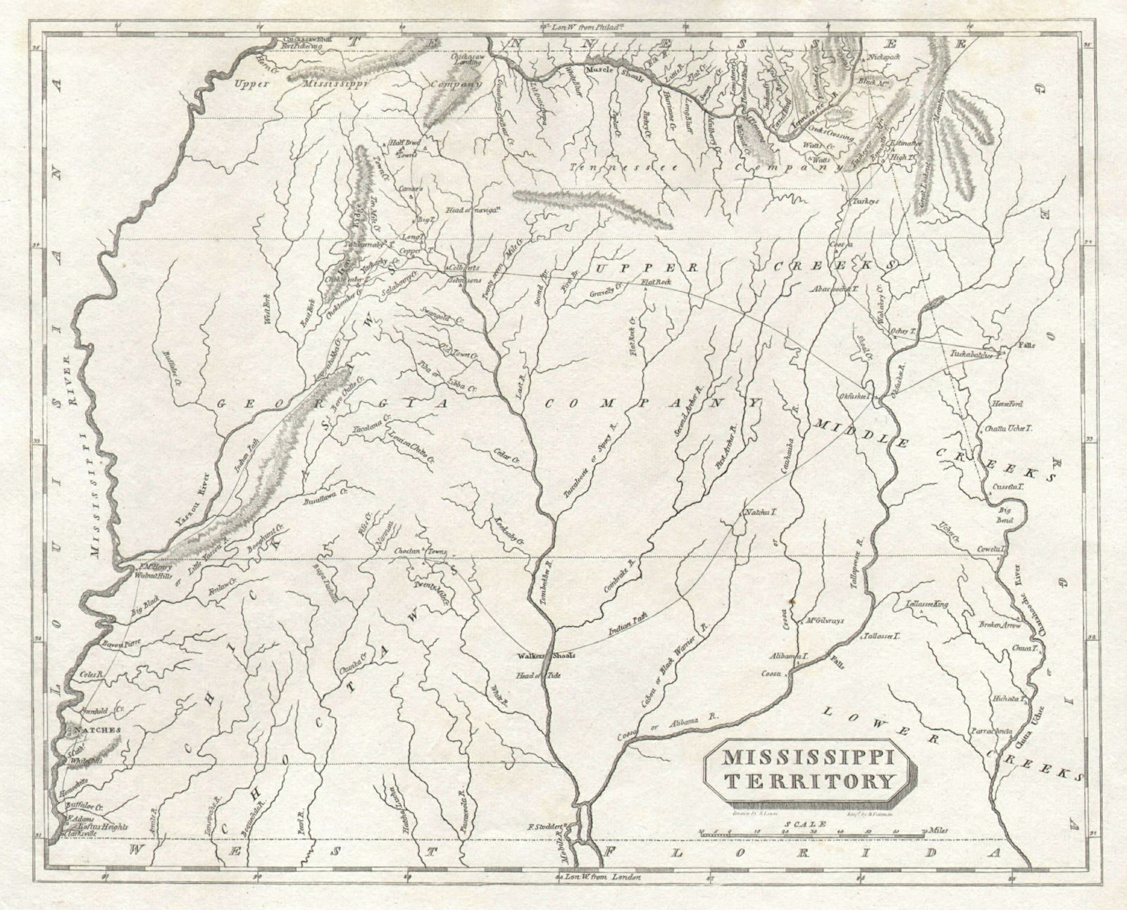 Mississippi Territory map by Arrowsmith & Lewis. Alabama. Tribal lands 1812
