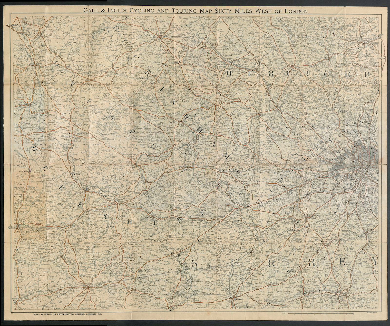 Gall & Inglis Cycling & Touring Map 60 miles west of London. Thames Valley c1890