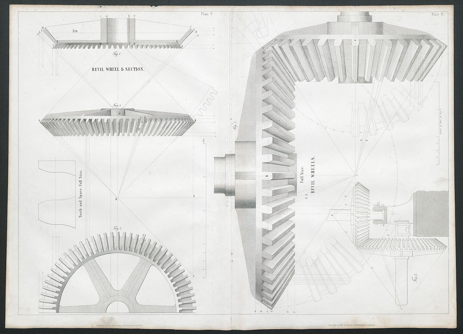 VICTORIAN ENGINEERING DRAWING Bevil wheel & section. tooth and space 1847