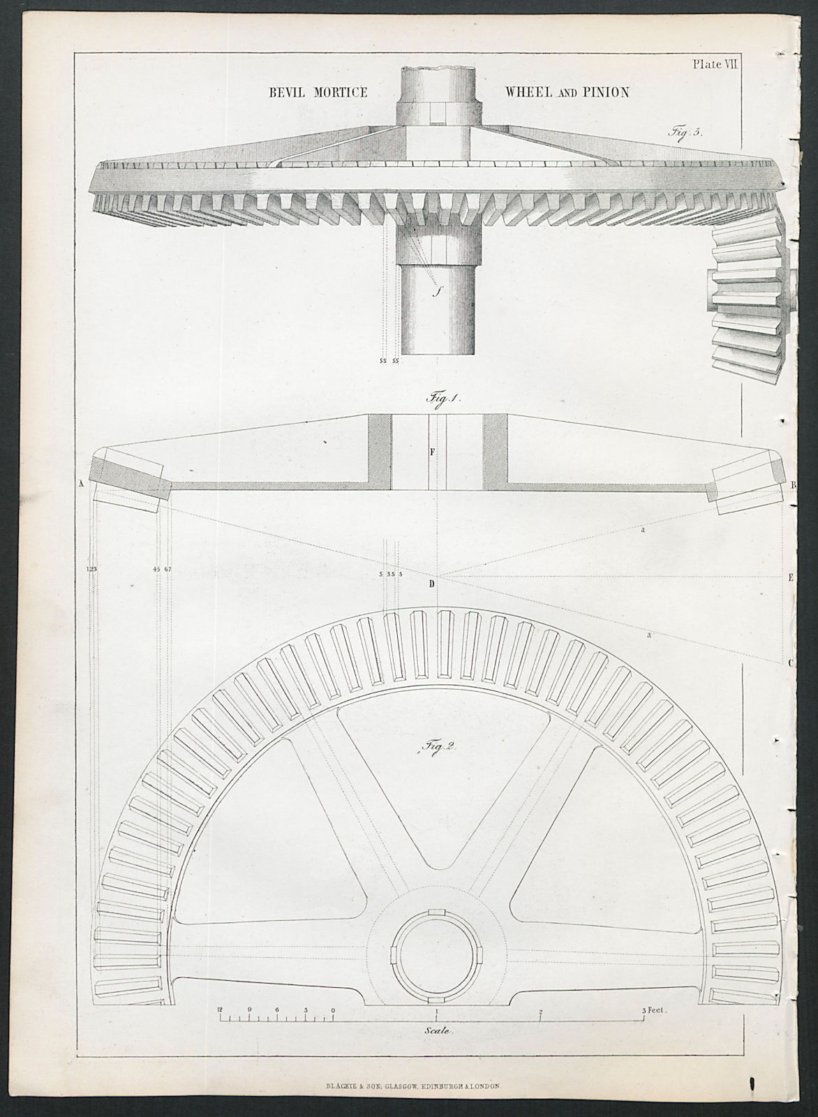 VICTORIAN ENGINEERING DRAWING Bevil mortice wheel and pinion 1847 old print