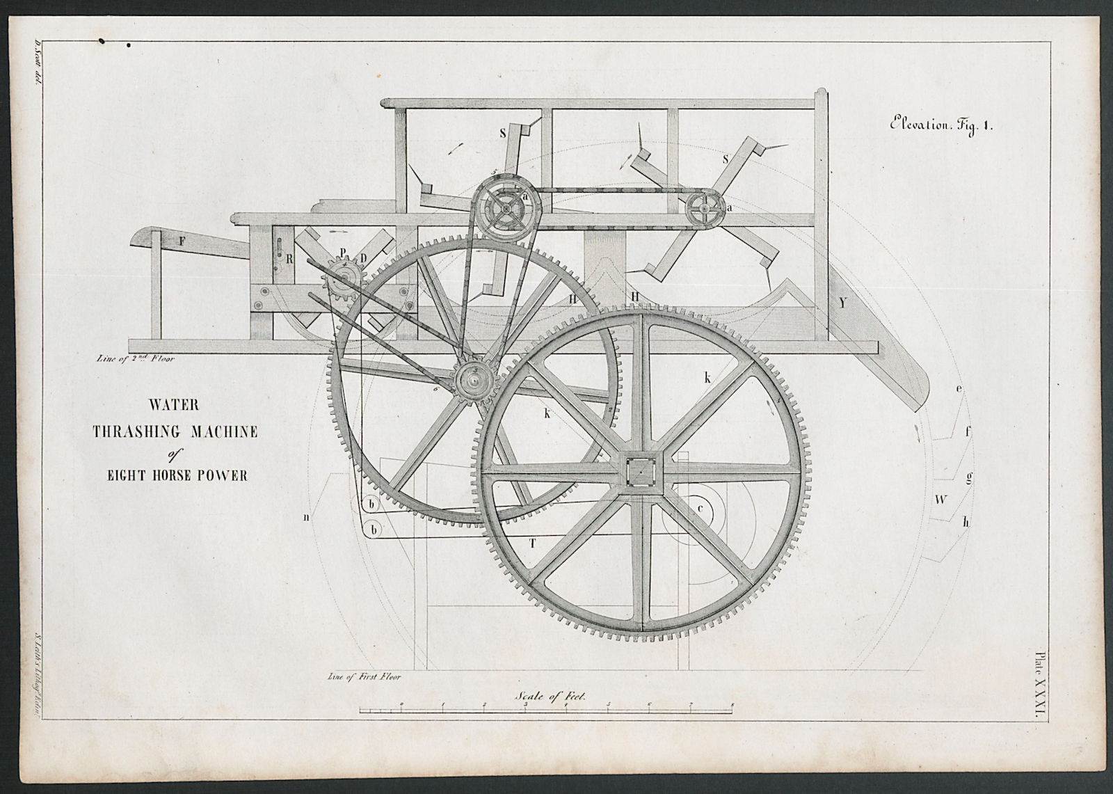 VICTORIAN ENGINEERING DRAWING 8hp Water thrashing machine, elevation 1847