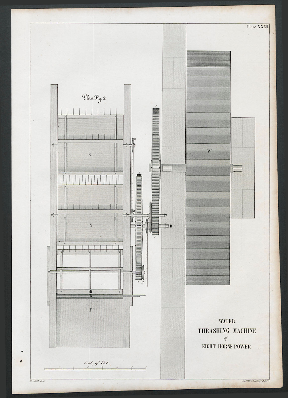VICTORIAN ENGINEERING DRAWING 8hp Water thrashing machine, plan 1847 old print