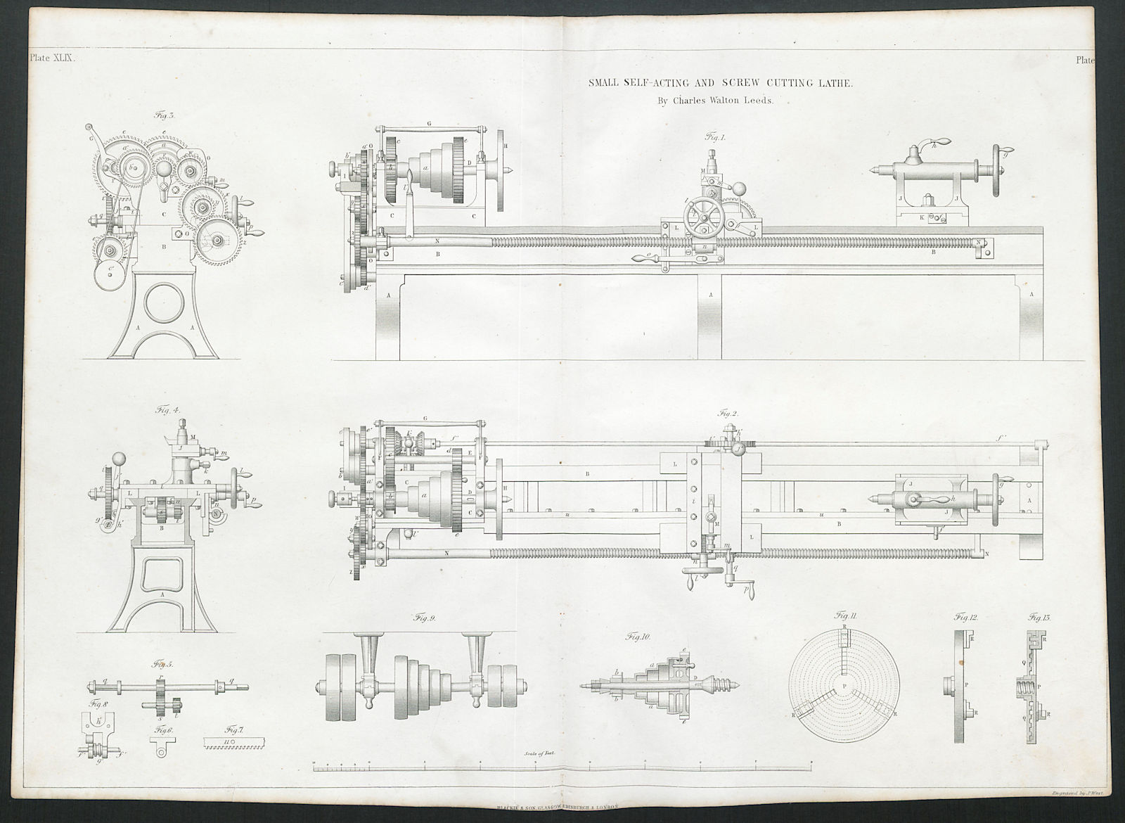 19C ENGINEERING DRAWING Self-acting & screw cutting lathe. Walton, Leeds 1847