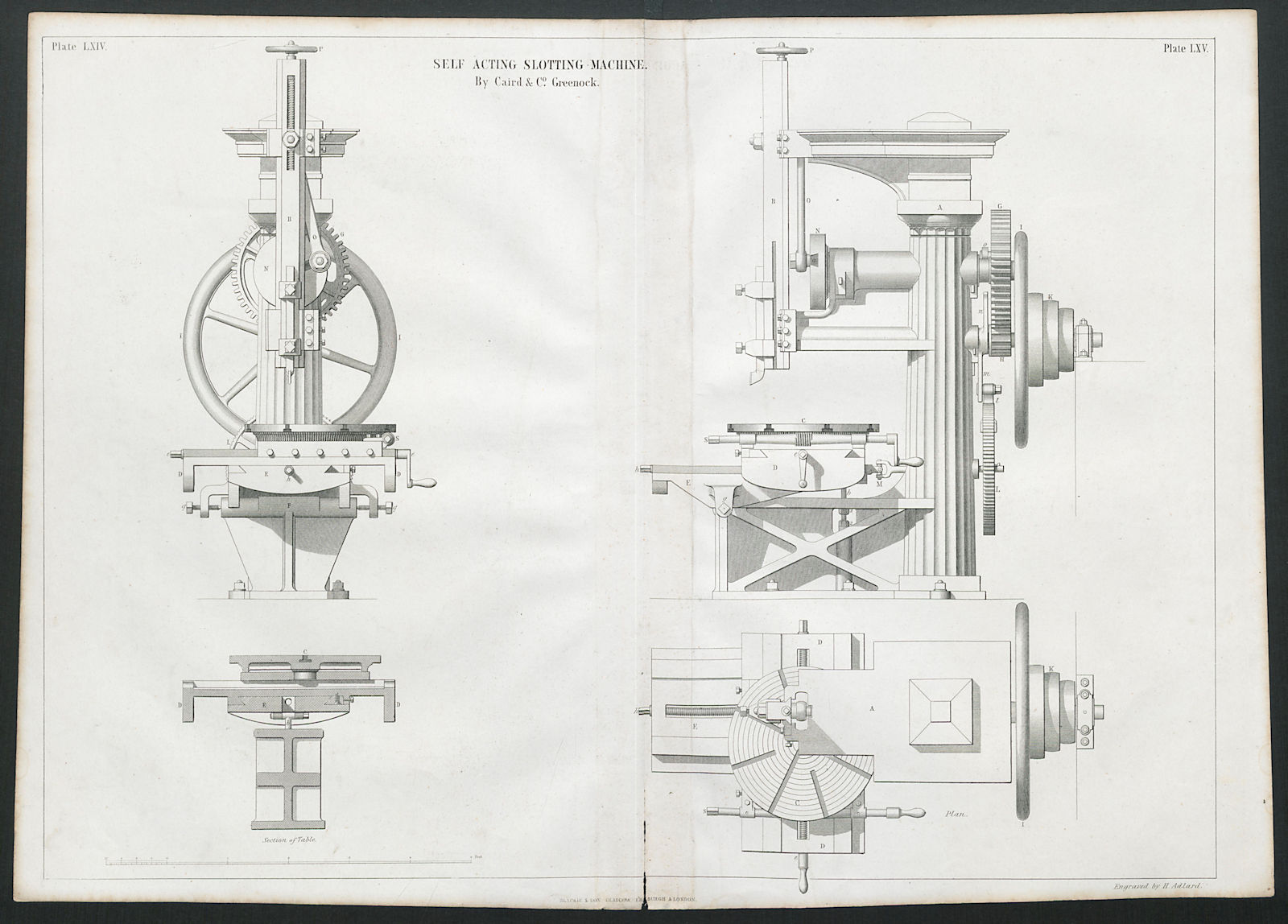 19C ENGINEERING DRAWING Self acting slotting machine. Caird & Co., Greenock 1847