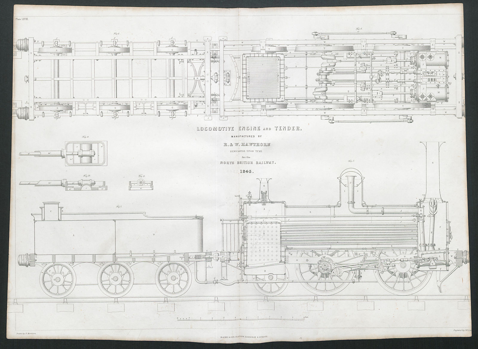19C ENGINEERING DRAWING Locomotive engine & tender North British Railway 1847