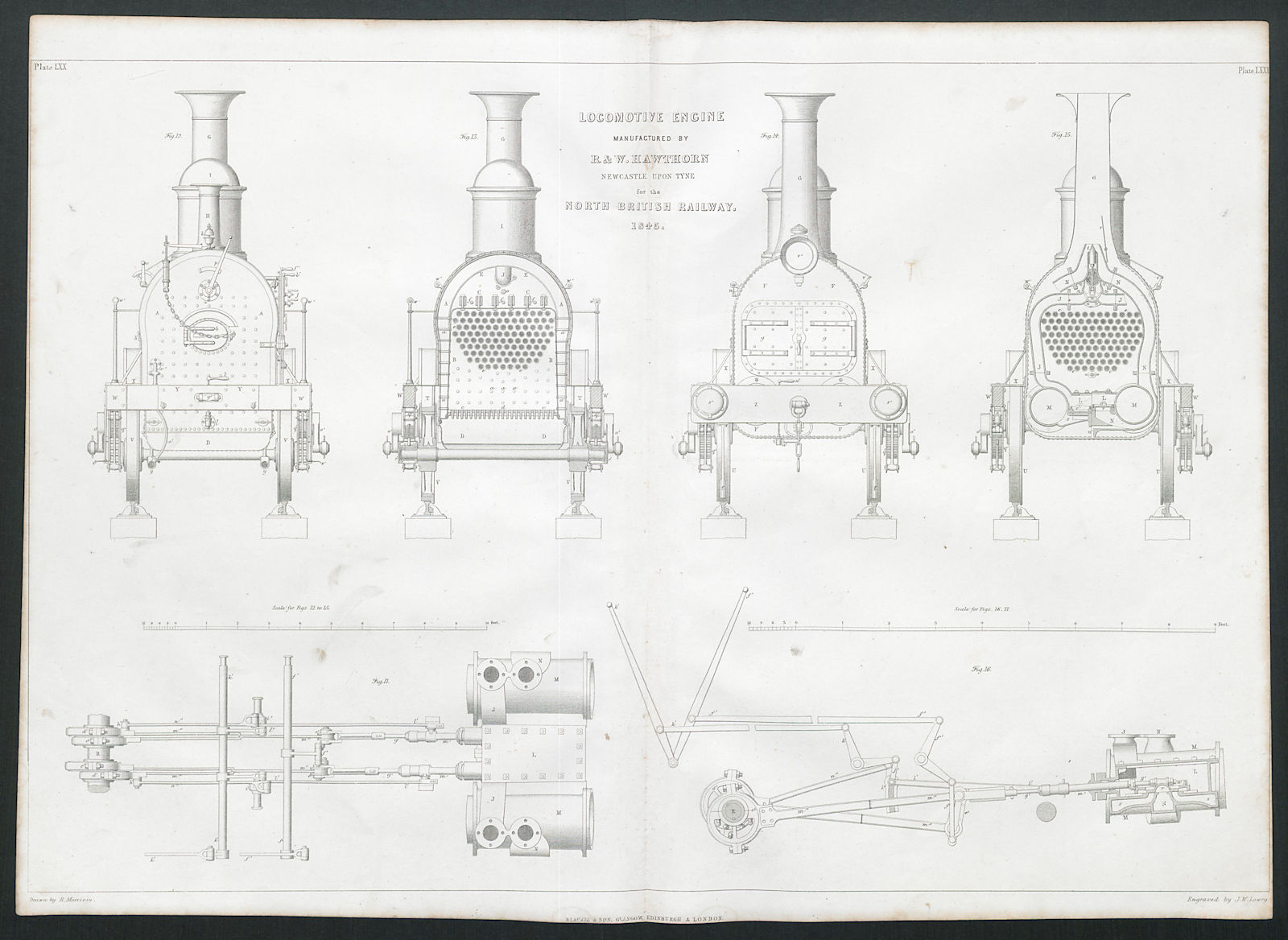 19C ENGINEERING DRAWING Locomotive engine. North British Railway. Hawthorn 1847
