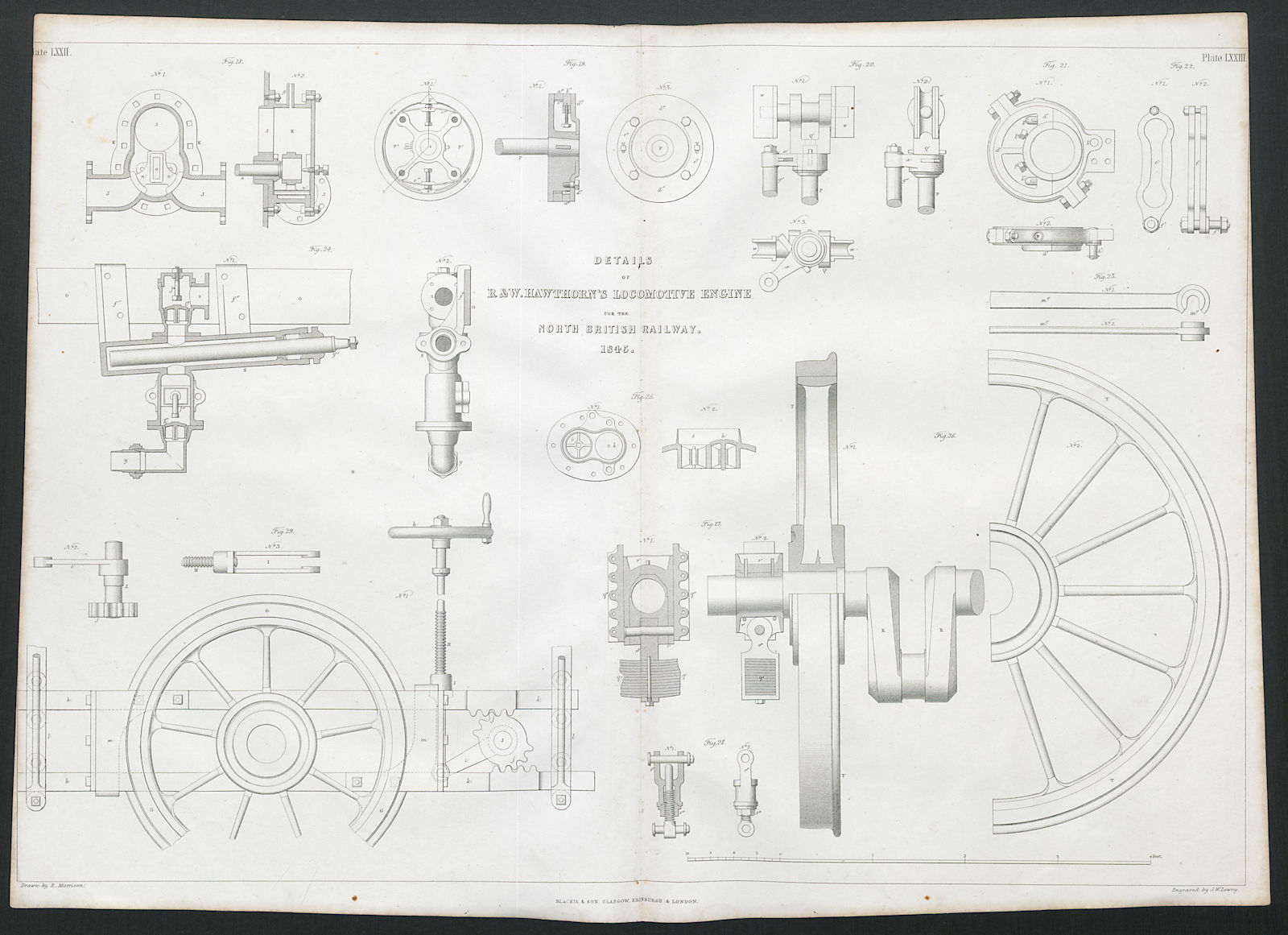 19C ENGINEERING DRAWING Locomotive engine details. North British Railway 1847