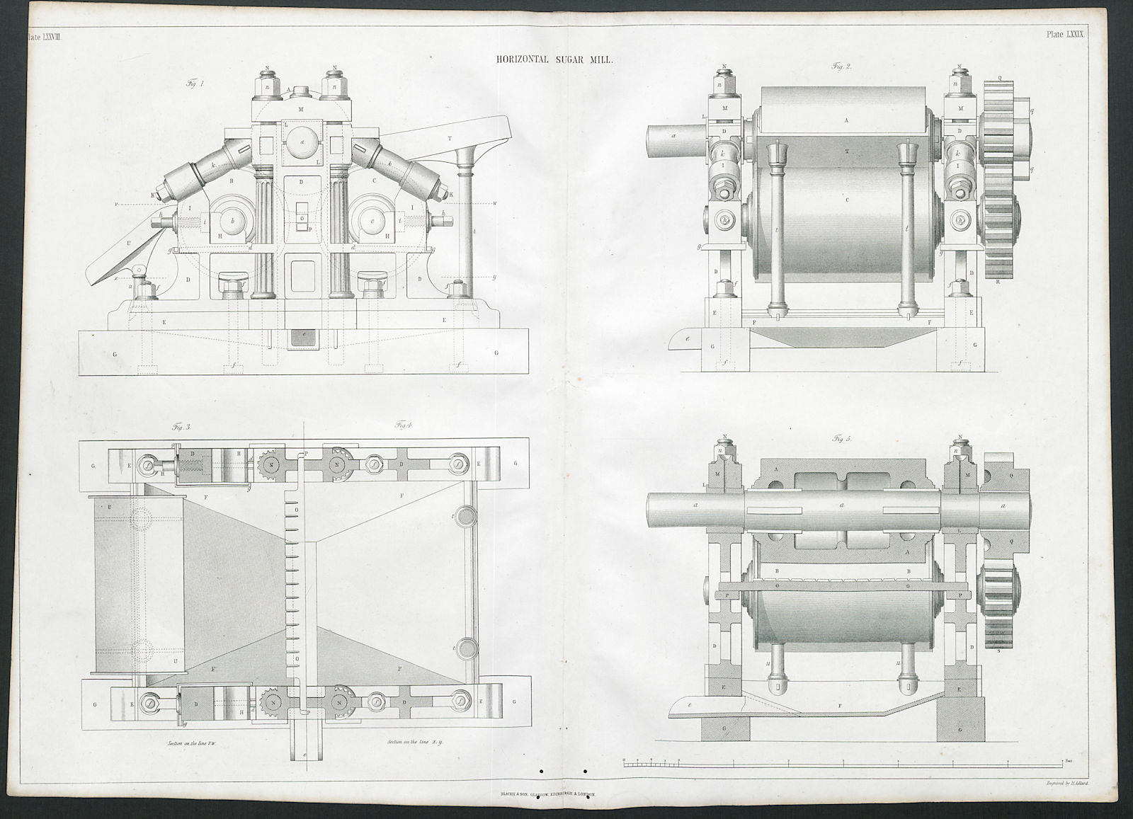 VICTORIAN ENGINEERING DRAWING Horizontal sugar mill (1) 1847 old antique print