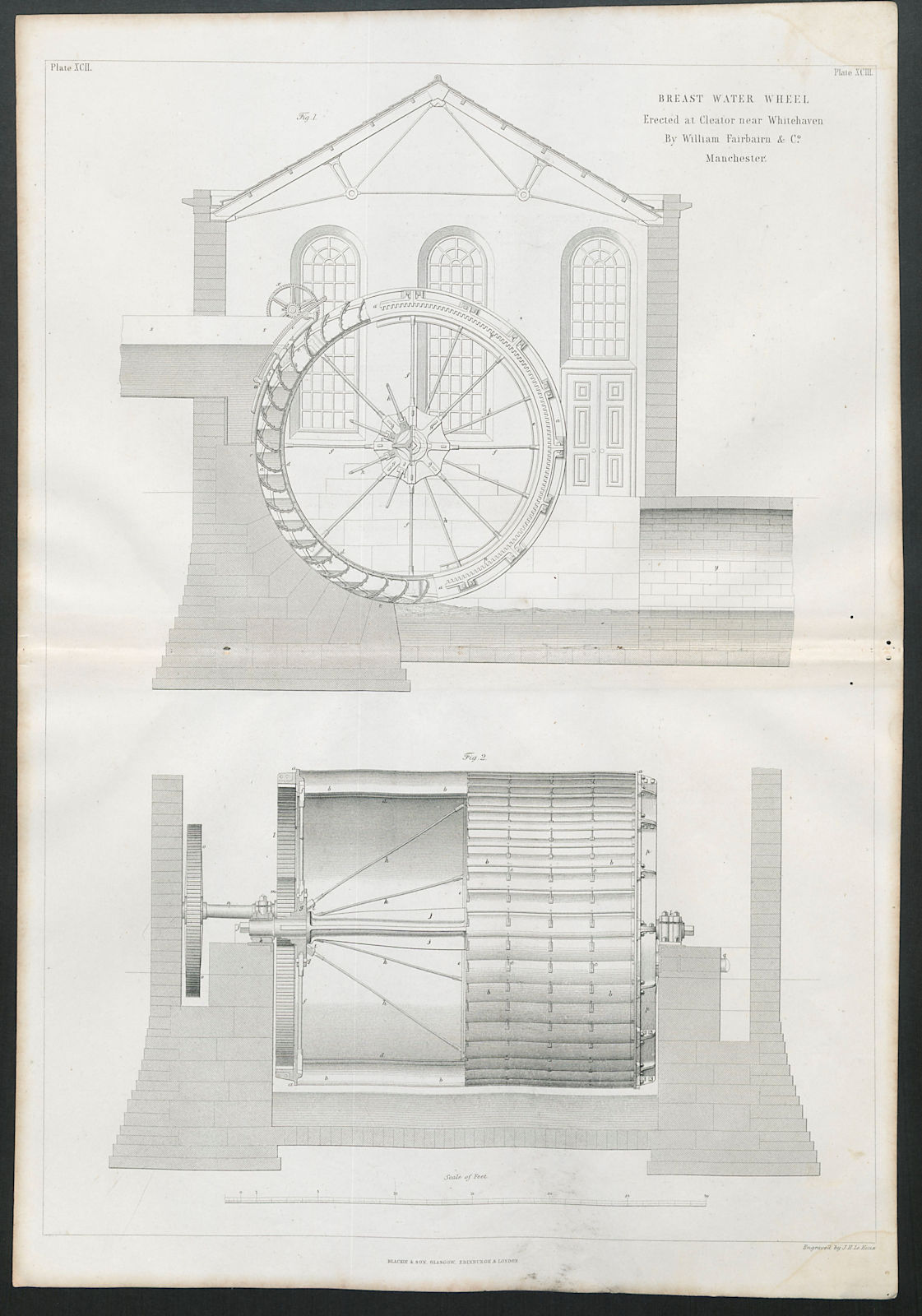 19C ENGINEERING DRAWING Breast water wheel, Cleator, Whitehaven. Fairbairn 1847