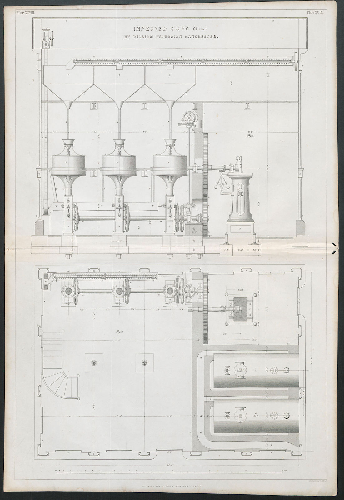 Associate Product 19C ENGINEERING DRAWING Improved corn mill by William Fairbairn. Manchester 1847