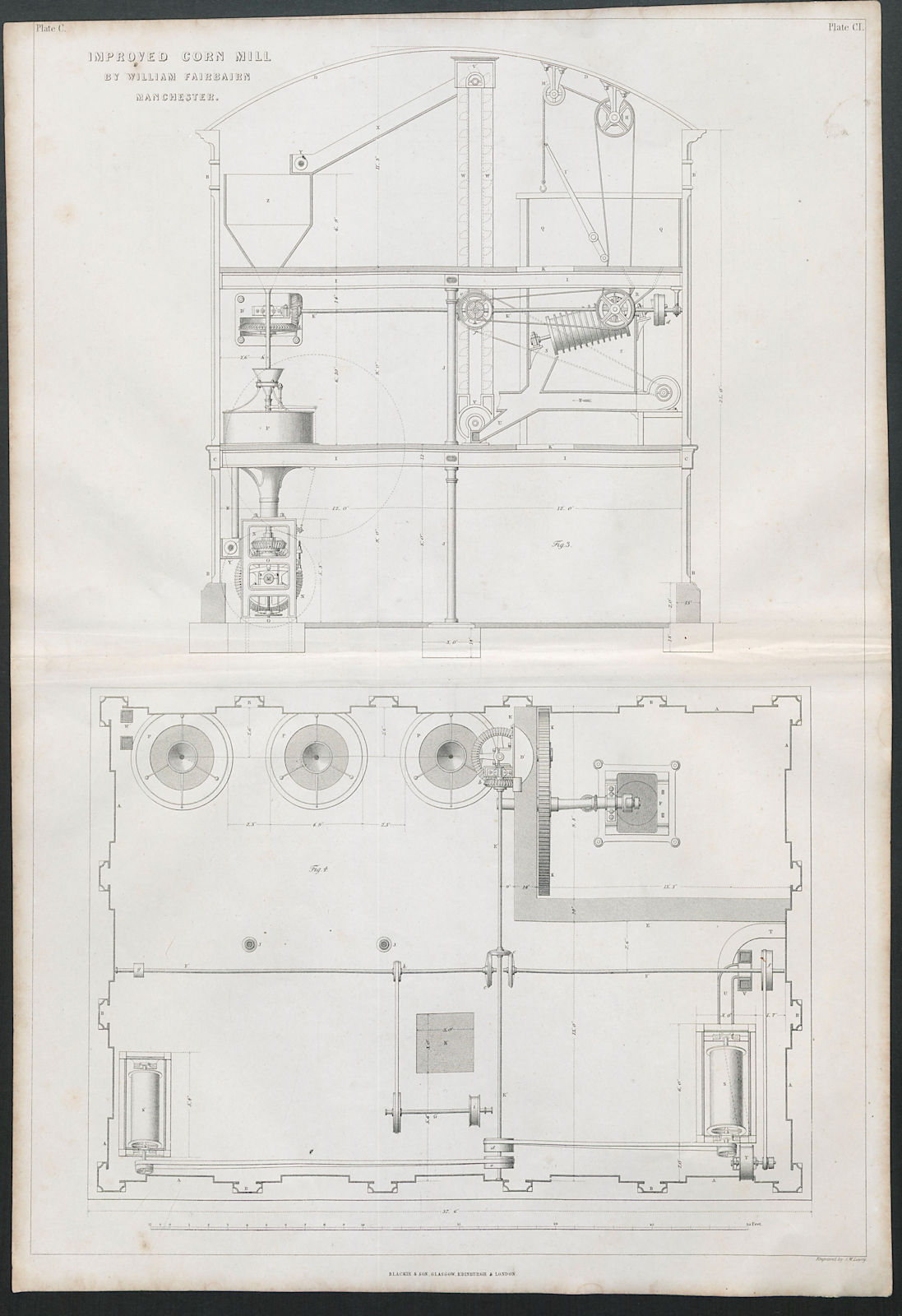 19C ENGINEERING DRAWING Improved corn mill. William Fairbairn, Manchester 1847