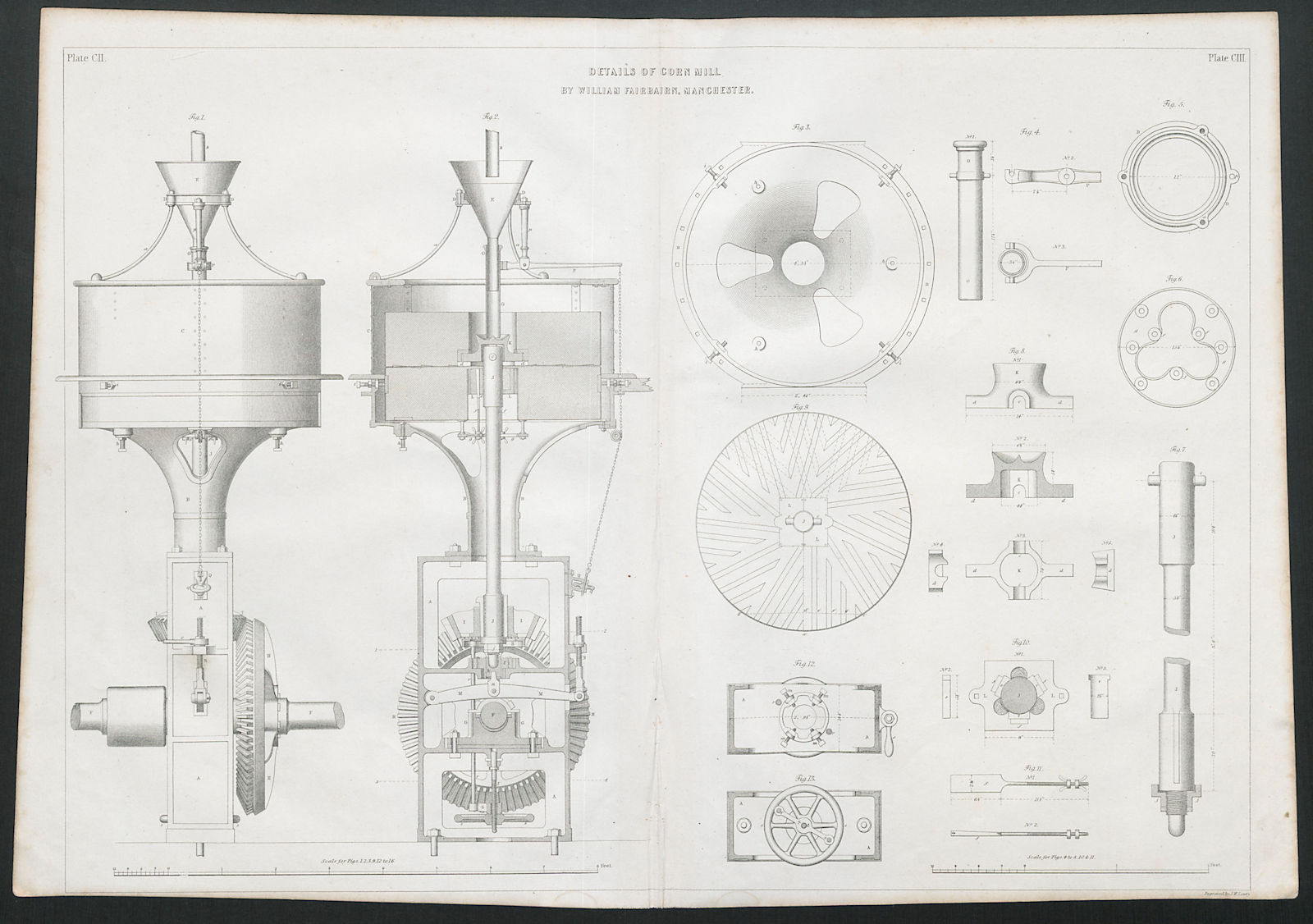 19C ENGINEERING DRAWING Details of corn mill. William Fairbairn, Manchester 1847
