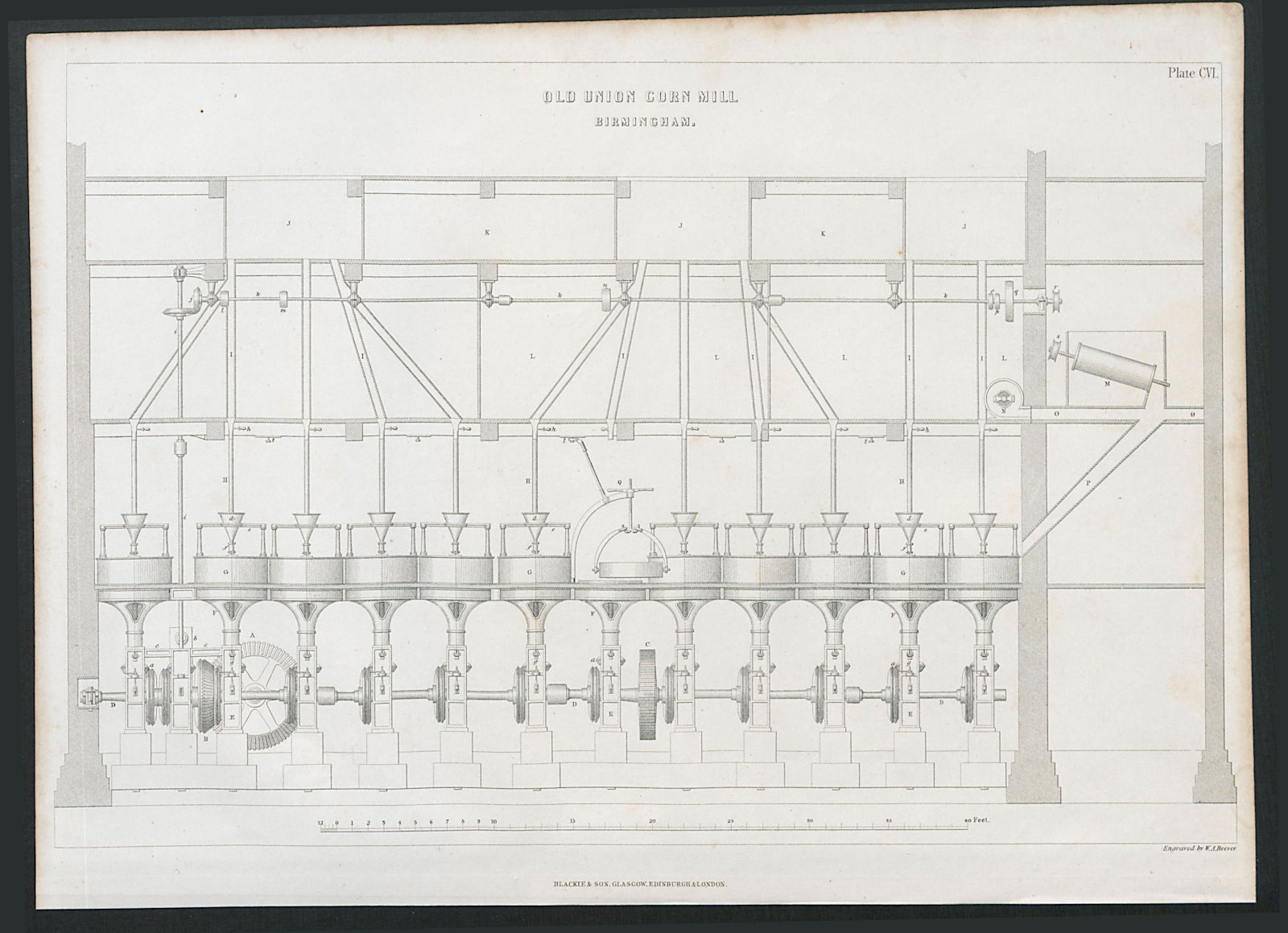 VICTORIAN ENGINEERING DRAWING Old Union Corn Mill, Birmingham 1847 print