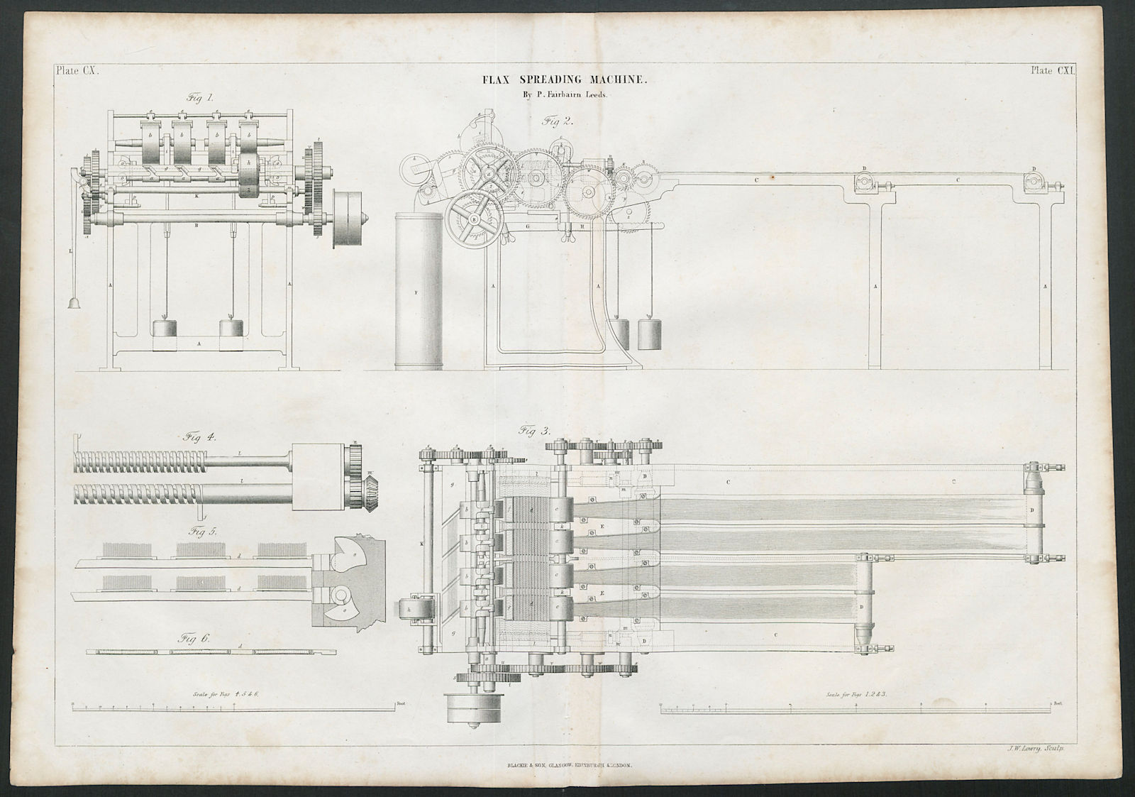 VICTORIAN ENGINEERING DRAWING Flax spreading machine. P. Fairbairn, Leeds 1847